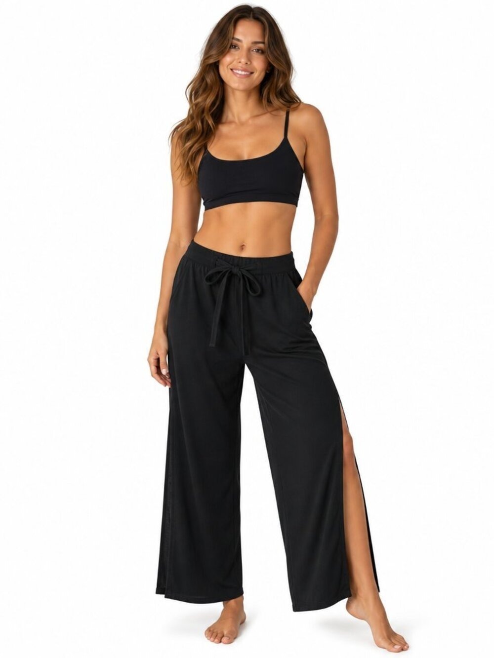 Kona Sol Black Wide Leg Tie Waist Split Leg Pants Medium